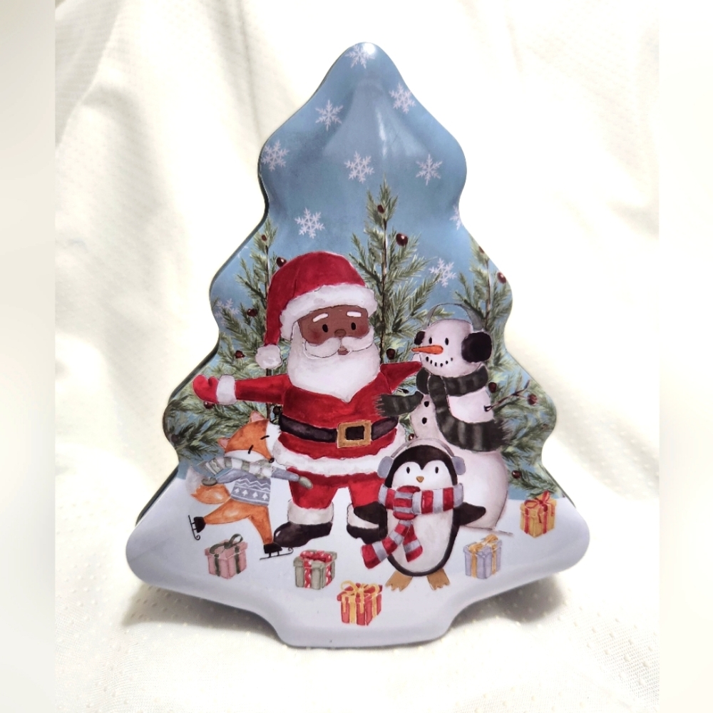 Christmas Tree Metal Tin Cookies Container.
